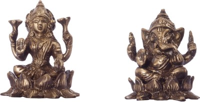 eCraftIndia Antique Finish Laxmi Ganesha on Lotus Decorative Showpiece  -  7 cm(Brass, Brown)