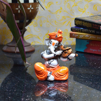 eCraftIndia Lord Ganesha playing Violin Decorative Showpiece  -  12.5 cm(Polyresin, Orange, White)