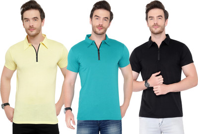 Tivy Solid Men Polo Neck Light Blue, Black, Yellow T-Shirt