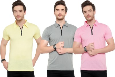 Tivy Solid Men Polo Neck Pink, Grey, Yellow T-Shirt