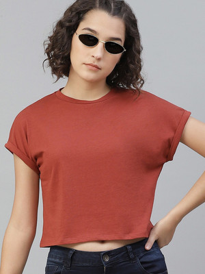 Roadster Solid Women Round Neck Brown T-Shirt