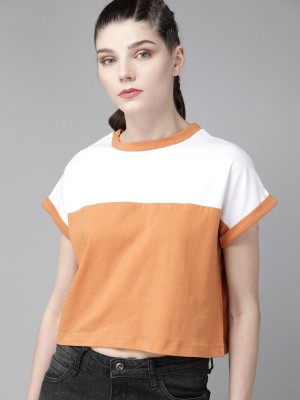 Roadster Colorblock Women Round Neck White T-Shirt