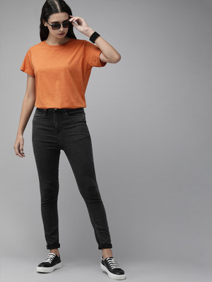 Roadster Solid Women Round Neck Brown T-Shirt