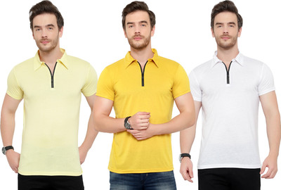 Adorbs Solid Men Polo Neck White, Yellow T-Shirt