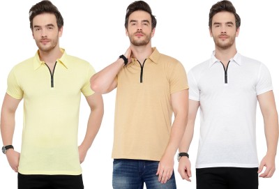 Tivy Solid Men Polo Neck White, Beige, Yellow T-Shirt