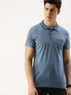 SINGLE Solid Men Polo Neck Blue T-Shirt