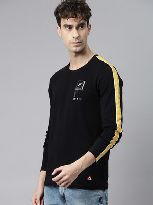WROGN Striped Men Round Neck Black T-Shirt