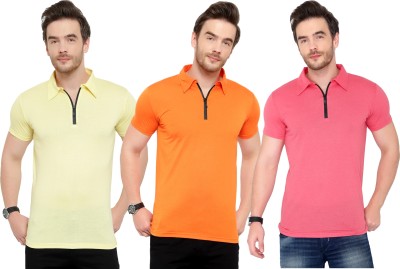 Adorbs Solid Men Polo Neck Pink, Orange, Yellow T-Shirt