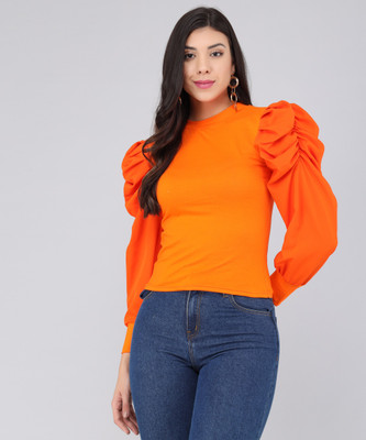Fit N Fame Casual Full Sleeve Solid Women Orange Top
