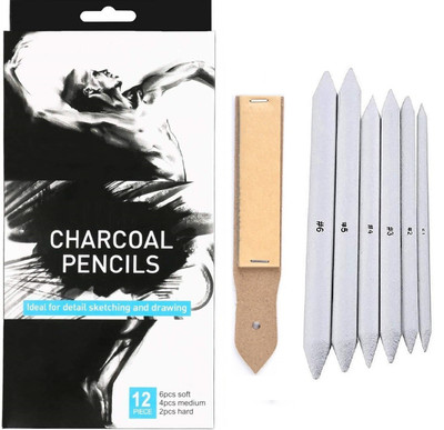 Definite Art Black Charcoal Pencils - Pack of 12 (6 X Soft, 4 X Medium and 2 X Hard) for Drawing, Sketching, Shading with White Paper Blending Stumps (Pack of 6) and Sand Paper for Sharpening Charcoal and Pastel Pencils and Cleaning Paper Stumps.