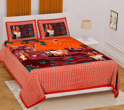 BATHAM HANDLOOM 144 TC Cotton Double Jaipuri Prints Flat Bedsheet(Pack of 1, MULTI COLOURS)