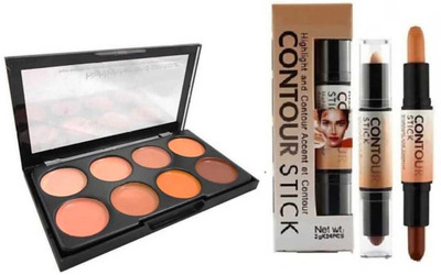 Plethora Highlighter and Contour Concealer Palette (8 shades) & 3D BALM CONTOUR CONCEALER HIGHLIGHTER STICK Highlighter(2 Items in the set)