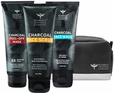 BOMBAY SHAVING COMPANY Charcoal Skin Care Travel Pack with Face Wash, Face Scrub and Peel Off Mask and Travel bag for Dirt removal, Tan reduction and Anti Pollution Effect (100 g x 3)(3 Items in the set)