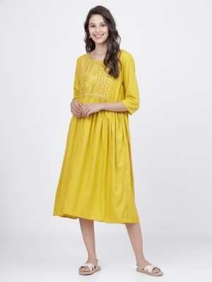 Vishudh Women Fit and Flare Yellow Dress