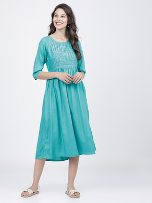 Vishudh Women Fit and Flare Blue Midi/Calf Length Dress
