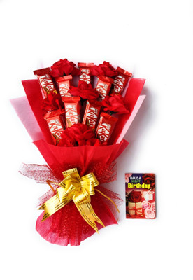 FluteRey 9 KITKAT CHOCOLATE BOUQUET WITH HAVE A GREAT BIRTHDAY CARD Paper Gift Box(Red)