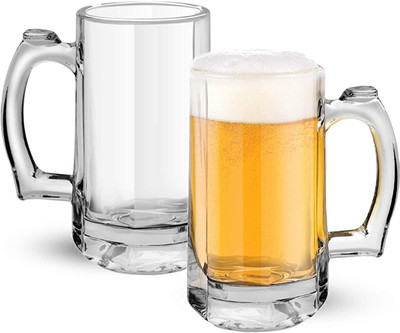 Lenzrite (Pack of 2) Set of 2 Stylish Classic Pub Tempo Transparent Beer Drinking Glass Mug 355ml With Handle Glass Set Beer Mug(355 ml, Glass, Clear)