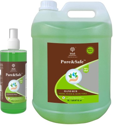 Khadi Essentials Pure&Safe Sanitizer 5 Liter Combo Instant Liquid Spray with Refill Pack 70% Ethyl Alcohol, Neem, Tulsi & Aloe Vera Extracts with Glycerine (5ltr Bottle + 500mL Spray) Hand Sanitizer Can(2 x 2.75 L)