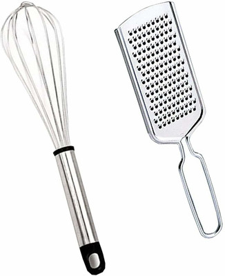 NOHUNT Stainless Steel Hand Blender Mixer Froth Whisker Latte Maker for Milk Coffee Egg Beater Juice ( 20 cm) With Premium Shredder Vegetable Kitchen Grater/Cheese Shredder with Grip Handle, Stainless Steel Blade (S.S Grater) ( Pack of 2) Kitchen Tool Set(Whisk, Grater)