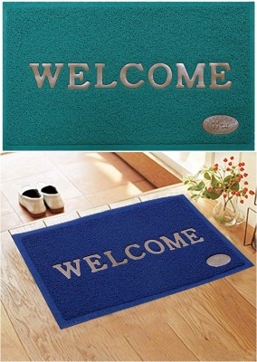 iSHKRA PVC (Polyvinyl Chloride) Door Mat(Dark Green, Dark Blue, Medium, Pack of 2)