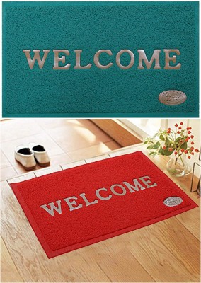 iSHKRA PVC (Polyvinyl Chloride) Door Mat(Dark Green, Red, Medium, Pack of 2)