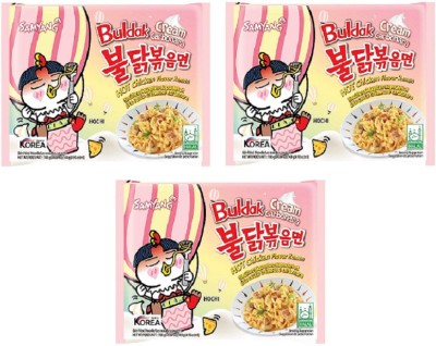 Samyang Buldak Cream Carbonara Hot Chiken Flavor Ramen Stir-Fired Noodle 140gm*3Pack (Pack of 3) (Imported) Instant Noodles Non-vegetarian(3 x 140 g)