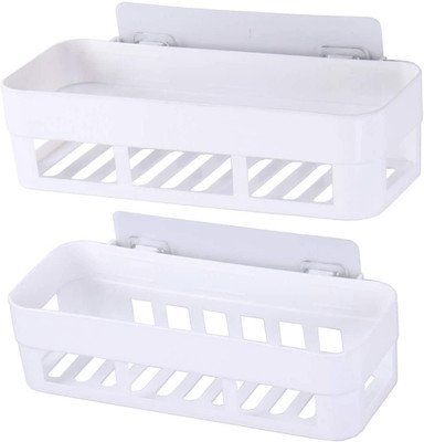LXET pack of 2 Plastic Multipurpose Wall Mount Bathroom Shelf and Rack for Home and Kitchen. Adhesive Sticker Support Without Drilling. (2 Bathroom Shelf) Plastic Wall Shelf(Number of Shelves - 2, White)