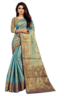 faxofab Woven Kanjivaram Jacquard, Cotton Silk Saree(Light Blue)