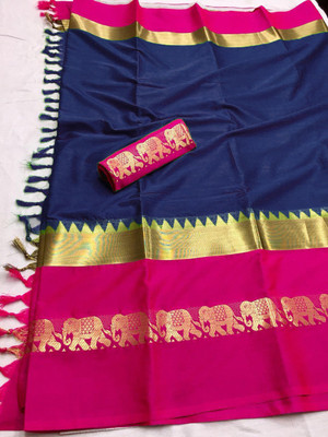 Kothari Trend Woven Banarasi Handloom Cotton Silk Saree(Blue, Pink)