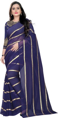 Happy Embroideries Striped Bollywood Georgette Saree(Dark Blue)