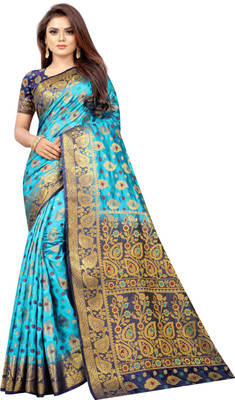 Perfect Wear Floral Print Banarasi Cotton Silk Saree(Blue)