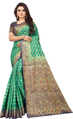 Shopwell Self Design Kanjivaram Cotton Silk Saree(Green)