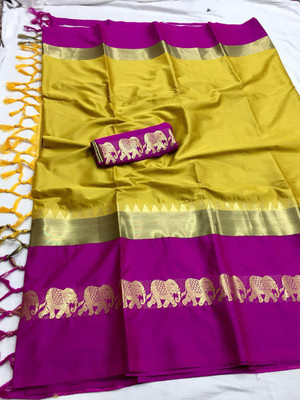 Fab Silk Solid/Plain Banarasi Cotton Silk Saree(Gold)