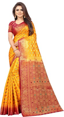 Shopwell Self Design Kanjivaram Cotton Silk Saree(Yellow)