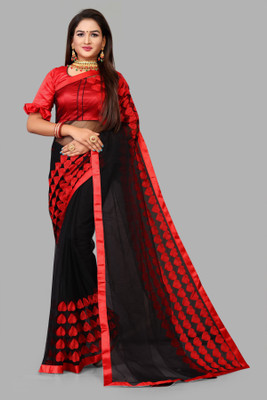 RamKrupa Creation Embroidered Bollywood Net Saree(Red, Black)