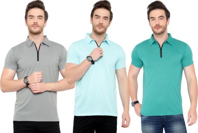 Tivy Solid Men Polo Neck Light Blue, Green, Grey T-Shirt