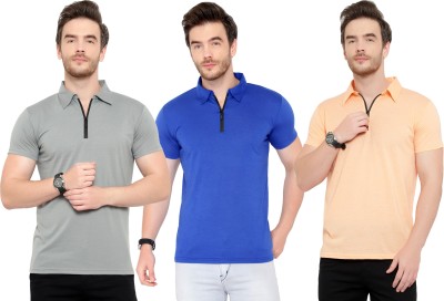 Adorbs Solid Men Polo Neck Blue, Orange, Grey T-Shirt