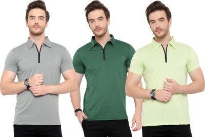 Adorbs Solid Men Polo Neck Dark Green, Grey, Light Green T-Shirt