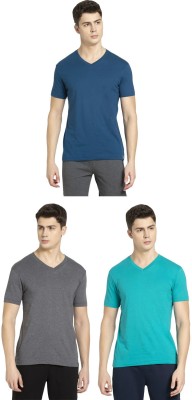 JOCKEY Solid Men V Neck Light Blue, Blue, Grey T-Shirt