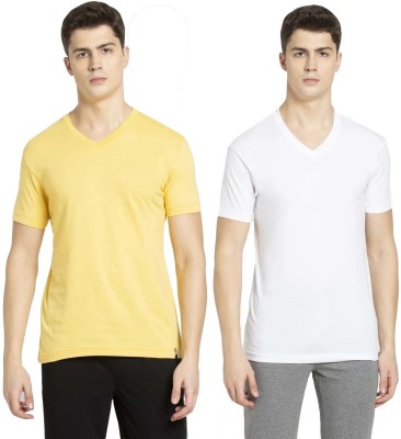 JOCKEY Solid Men V Neck White, Yellow T-Shirt