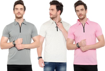 Adorbs Solid Men Polo Neck White, Pink, Grey T-Shirt