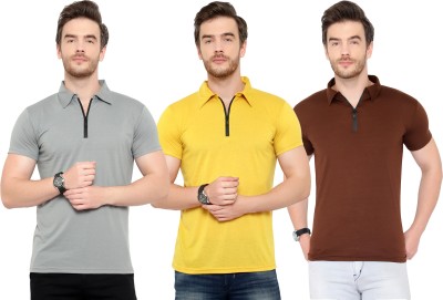 Tivy Solid Men Polo Neck Brown, Grey, Yellow T-Shirt