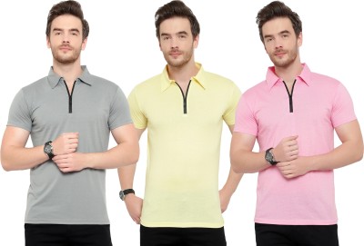 Tivy Solid Men Polo Neck Pink, Grey, Yellow T-Shirt