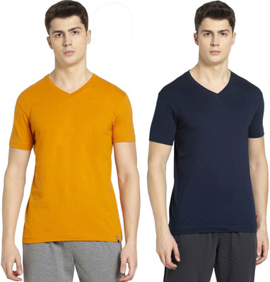 JOCKEY Solid Men V Neck Dark Blue, Yellow T-Shirt