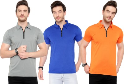 Tivy Solid Men Polo Neck Blue, Orange, Grey T-Shirt