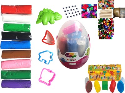 Upyukat 1 Set of Glitter Play Dough (5 dough of 50 gm each) +1 Set of Fun Clay/ Modelling Clay Egg shape container ( 9 colour clay of 300 gm, 1 dinosaur mould and 3 other clay mould + 20 pcs of googly eyes + 50 pcs of ice cream sticks + 50 pcs of plastic multicolored buttons +2 packs of glitter powd