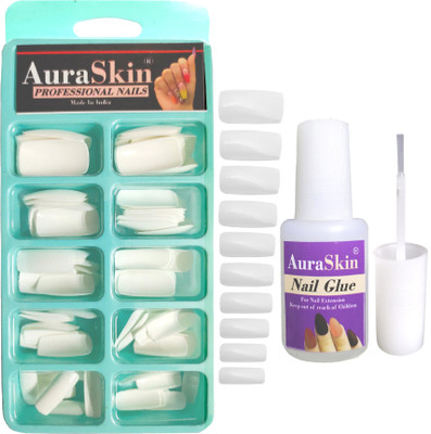 AuraSkin NEW Gorgeous 100PCS Professional Reuseable Artificial Nail Tips Best False Nails with 8ML Strong Nail Glue WHITE(Pack of 100)