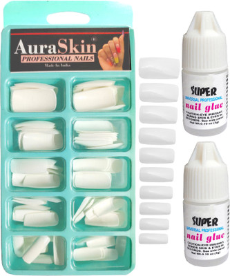 AuraSkin NEW Gorgeous 100PCS Reuseable Artificial Nail Tips Best False Nails with Strong Nail Glue WHITE(Pack of 100)