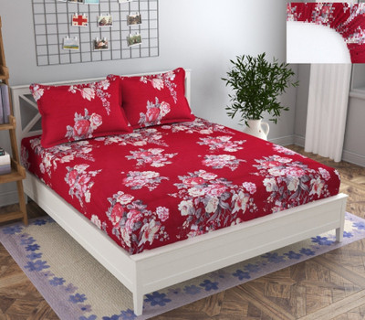 Navrang Matching Center 200 TC Polycotton King Printed Fitted (Elastic) Bedsheet(Pack of 1, Dark Red)