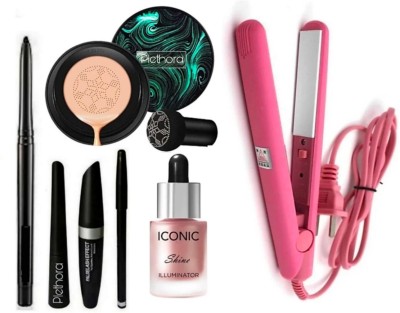 Plethora Mini hair straightener portable professional range With Plastic Storage Box for women & Eyeliner, Mascara, Eyebrow Pencil, Kajal Pencil & Mushroom head air cushion cc cream Moisturizing Foundation Brightening BB Cream Whitening Foundation (Creamy, 20 g) & illuminator liquid highlighter face